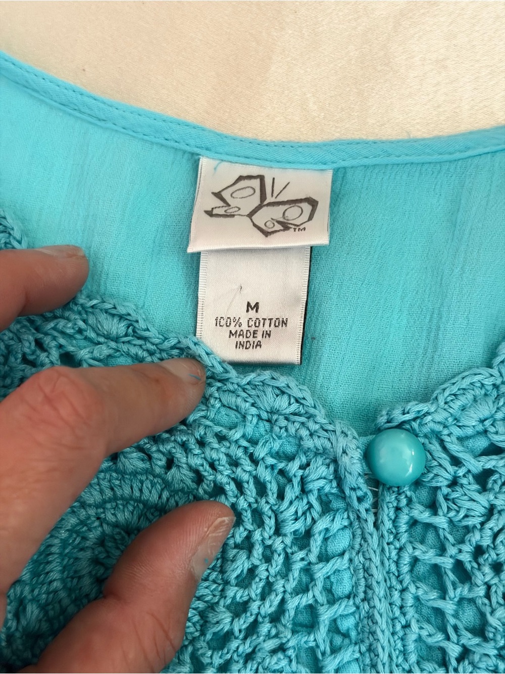 Butterfly Women Bright Blue Crochet Trimmed Cotton Short Sleeve Blouse Sz.M Y2k - Picture 6 of 9
